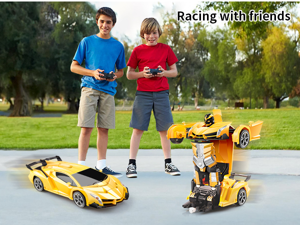 Group of kids racing RC cars in a park setting